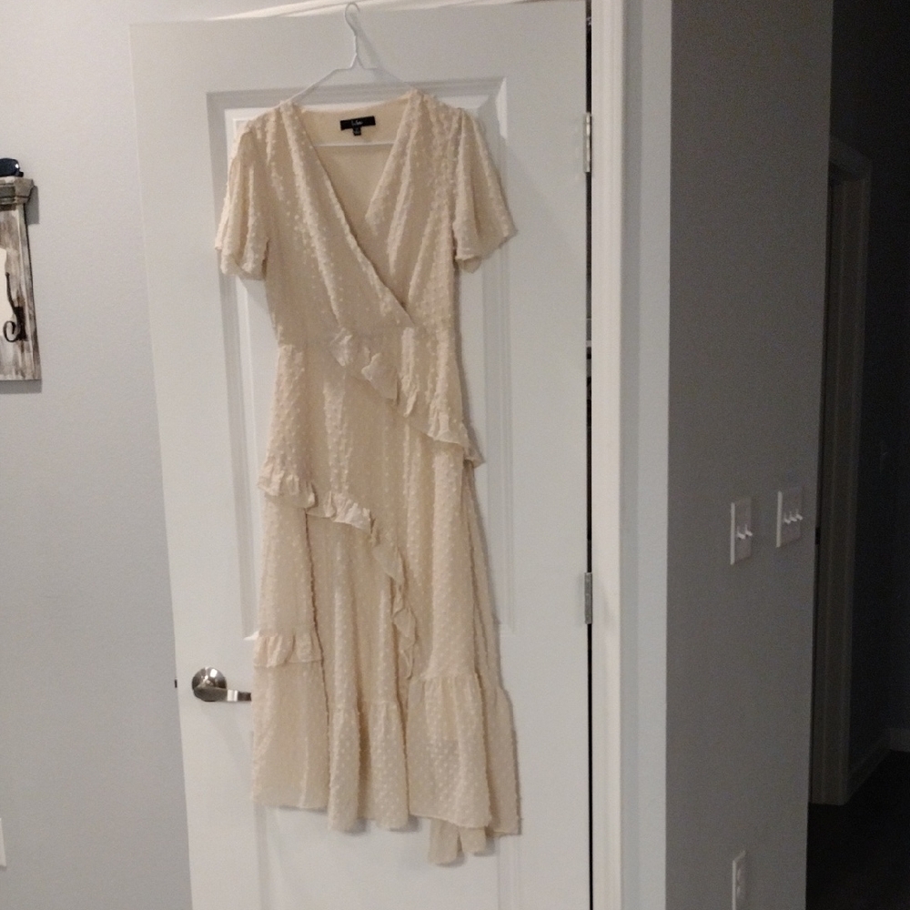 Lulu's Cream Asymmetrical Ruffled Wrap Dress
